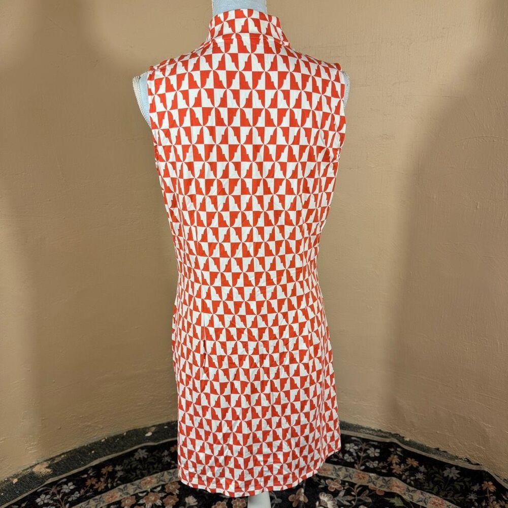 J. McLaughlin Orange & White Geometric Print Sleeveless Dress – Mock Neck Half-Z - Picture 2 of 7